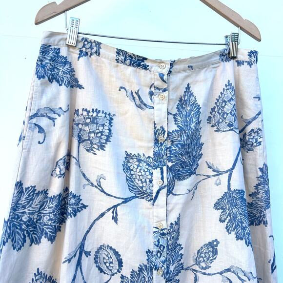 Vintage Ralph Lauren 90s Linen Button Front Midi Skirt Blue Floral 14 French - Picture 5 of 8